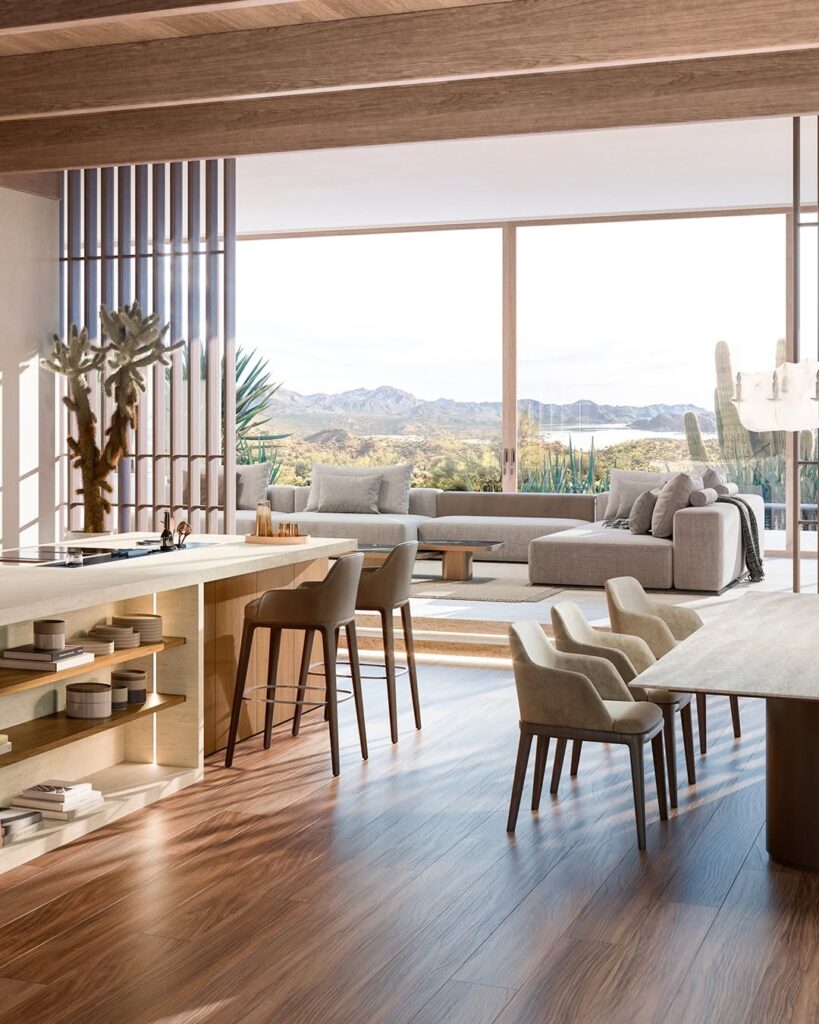Luxury open-plan living and dining area with panoramic view and modern furniture.