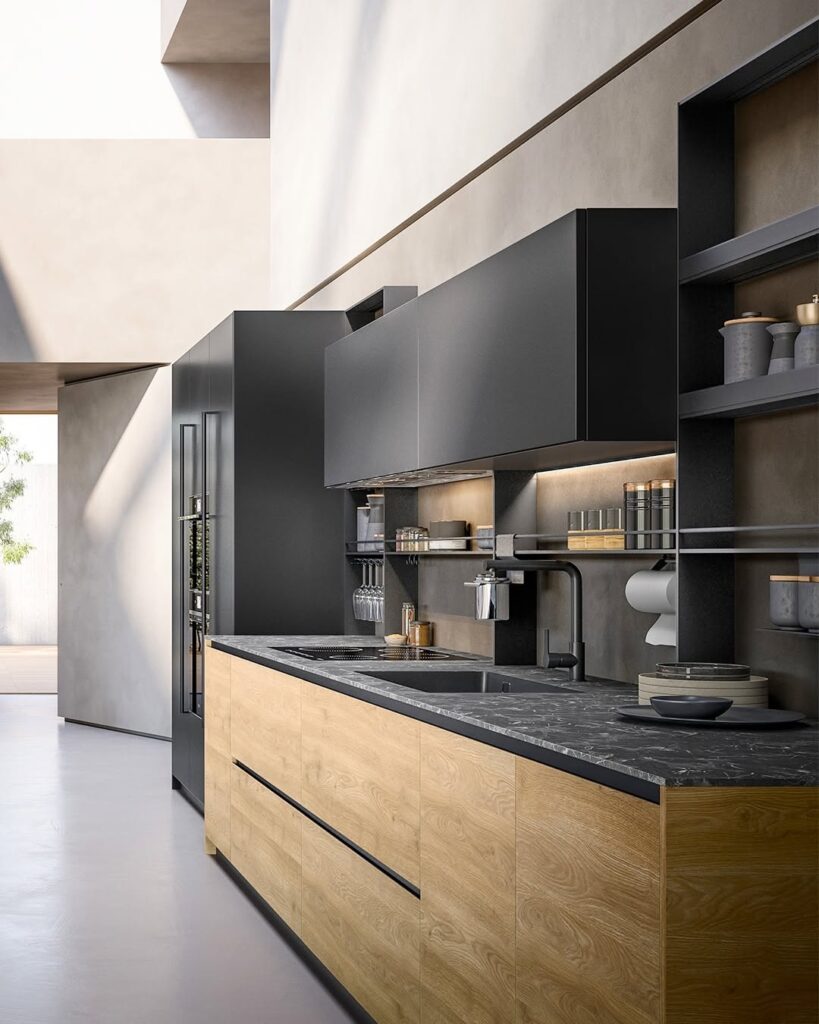 Modern minimalist kitchen interior with matte black and natural wood cabinetry, marble countertop, and open shelving in a bright, sunlit space.
