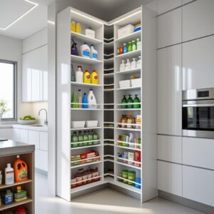 Modern kitchen with tall, corner pantry cabinets fully stocked with neatly organized food, beverages, and cleaning supplies.