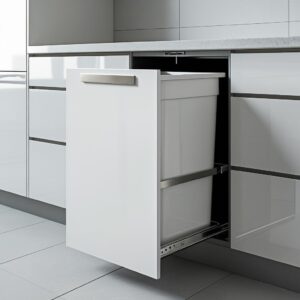 Modern kitchen cabinet with a pull-out waste bin.