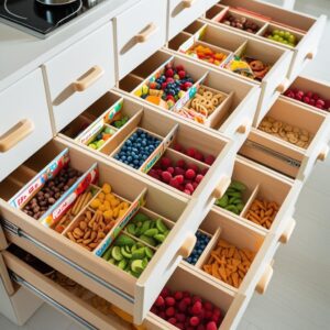 Organized kitchen drawers with wooden dividers filled with colorful snacks and fruits.