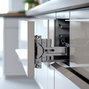 Close-up of a modern kitchen cabinet hinge mechanism on a glossy drawer front.