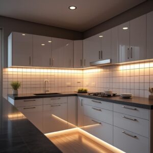 Modern U-shaped kitchen with glossy cabinets, under-cabinet lighting, and tiled backsplash.
