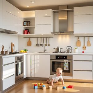 Smiling baby playing with colorful wooden blocks on the floor of a modern white kitchen.