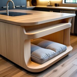  Modern kitchen island with integrated pet bed space and cushioned bedding.