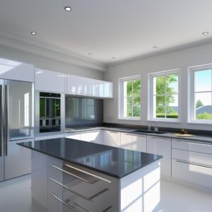 Luxurious modular kitchen with glossy white cabinets, black granite countertop, and large windows for natural light
