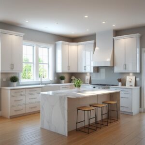 Modern modular kitchen with white cabinets, marble island, wooden flooring, and stylish lighting