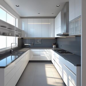 Modern U-shaped modular kitchen by Lathomz featuring glossy white cabinets, grey backsplash, and built-in appliances