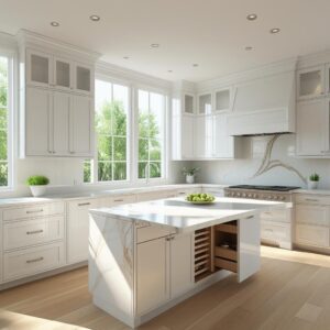 Lathomz luxury modular kitchen with white cabinetry, marble countertops, and large windows offering natural light