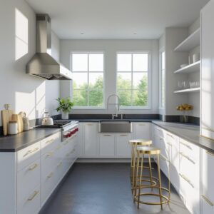 Lathomz-designed modular kitchen featuring white cabinets, golden handles, black countertops, and an industrial sink