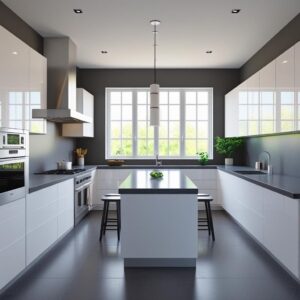 Lathomz modular kitchen in black and white theme with island, built-in appliances, and pendant lighting