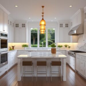 Lathomz-designed modular kitchen with white cabinets, marble island, wooden flooring, and pendant lighting