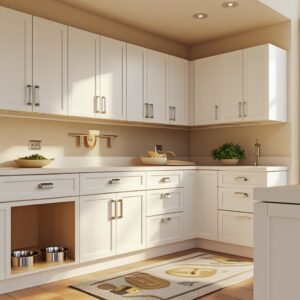 Modern white kitchen with lower cabinet pet feeding station featuring stainless steel bowls.