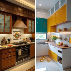 Side-by-side comparison of two kitchens, one with a traditional wooden design and the other with a modern colorful design.