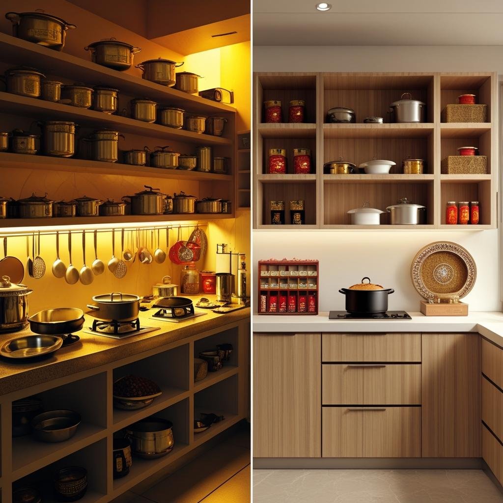 "Traditional and modern kitchens shown side by side.