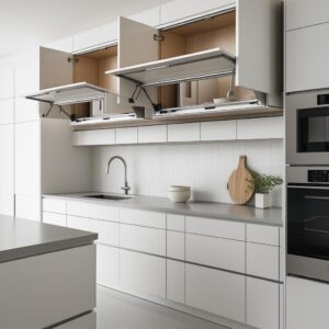 Modern white kitchen with overhead lift-up cabinets open above the sink and minimalist decor.