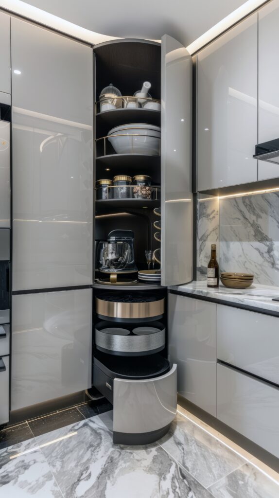 "Modern kitchen corner cabinet with organized rotating shelves."