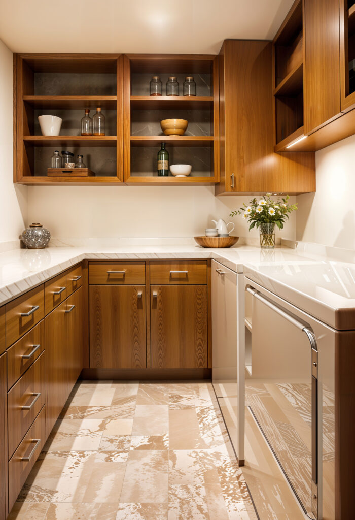 "Modern kitchen with wooden cabinets and marble countertop."